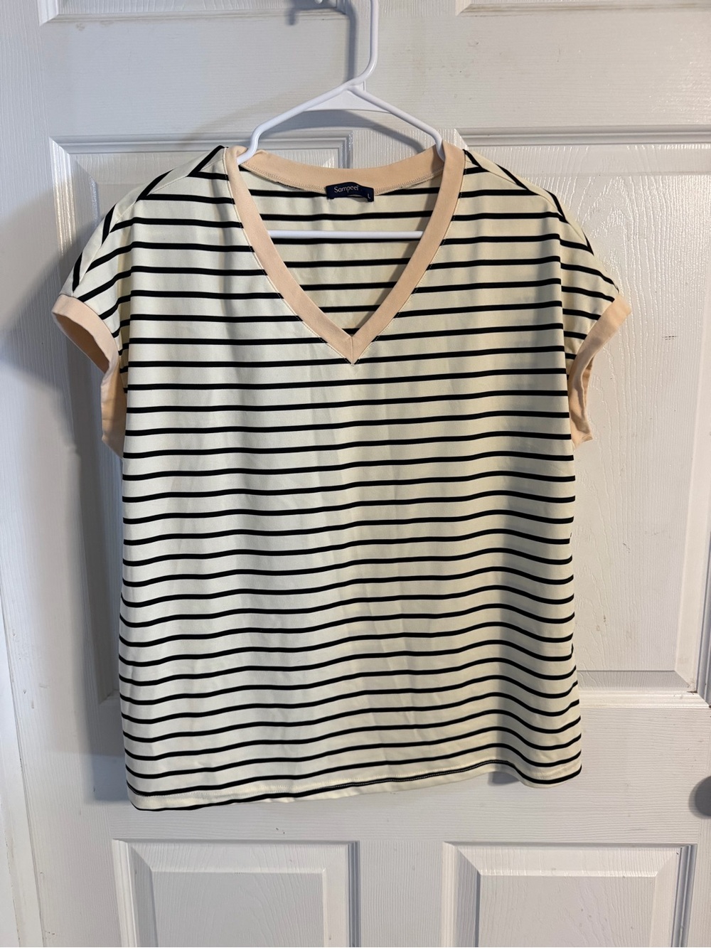 Striped V-Neck Tee with Beige Trim